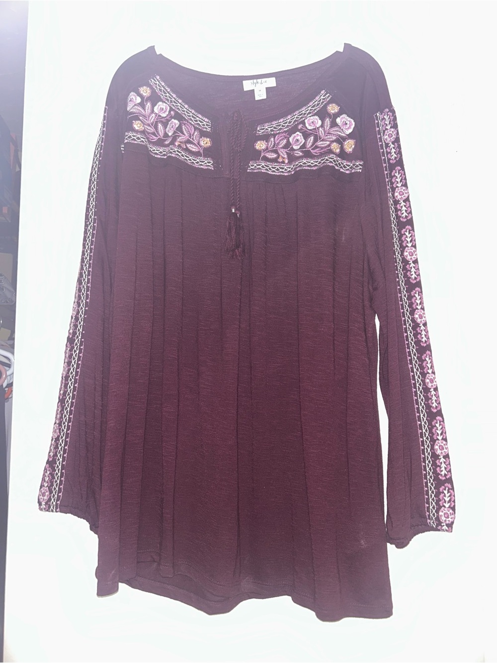 Macy’s Style & Co Boho Embroidered Long-Sleeve Tunic Top - Wine